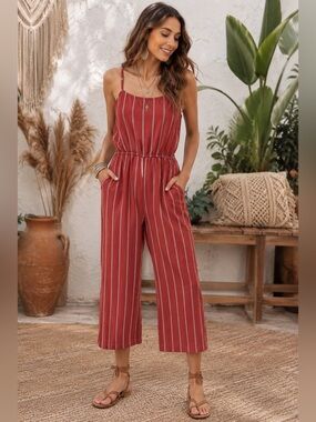 GAP Coral Stripe Cropped Capri Wide-Leg Jumpsuit | Boho Beachy Sleeveless Romper
